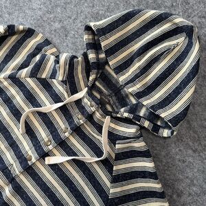 Eddie Bauer Hooded Henley Sweater Womens Med Blue Striped 1/4 Button Long Sleeve